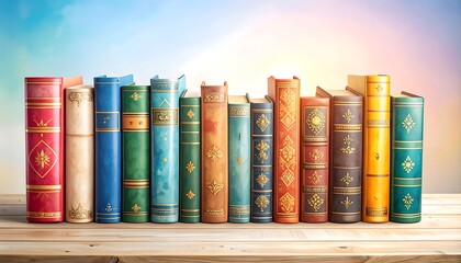 Colorful vintage books on a wooden table
