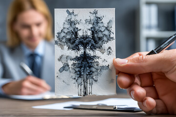 Psychologist showing inkblot test during a personality assessment in the office