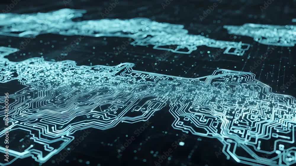 Poster abstract digital world map with glowing blue circuit board patterns