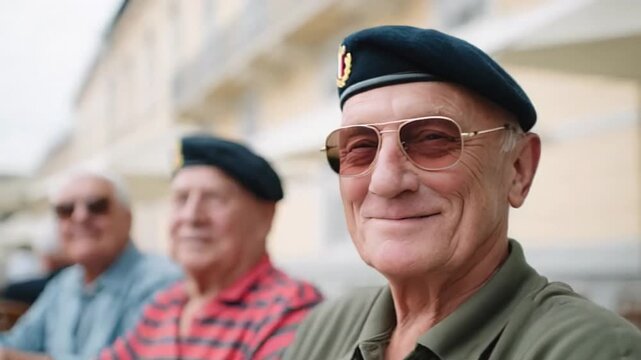 Elderly male veterans, smiling warmly in camaraderie, wearing military berets and casual attire, conveying a sense of pride and nostalgia, suitable for Veterans Day themes