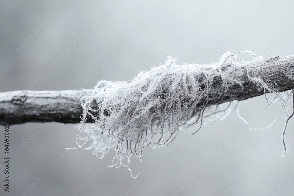 Poster a monochrome close-up captures spanish moss draping from a weathered branch, creating a delicate, te