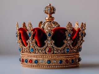 Fototapeta premium Ornate golden crown with ruby, sapphire, and pearl embellishments, atop a bed of rich red velvet