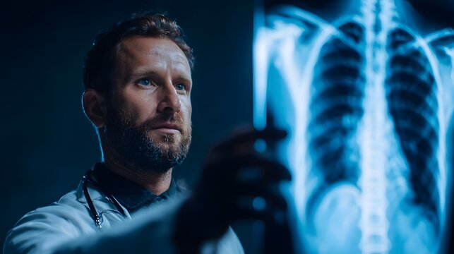 Doctor examining skeletal X ray chart with intense focus