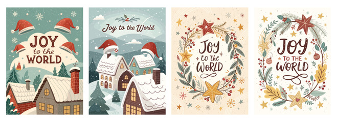 Obraz premium Festive holiday illustrations featuring cozy winter scenes and joyful typography.