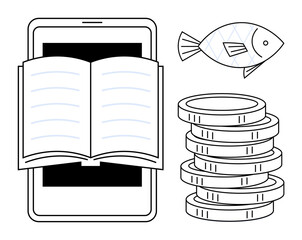 Open book on tablet beside stacked coins and fish reflecting education, technology, economy, sustainability, finance, learning, and digital knowledge. Ideal for modern education, growth and simple