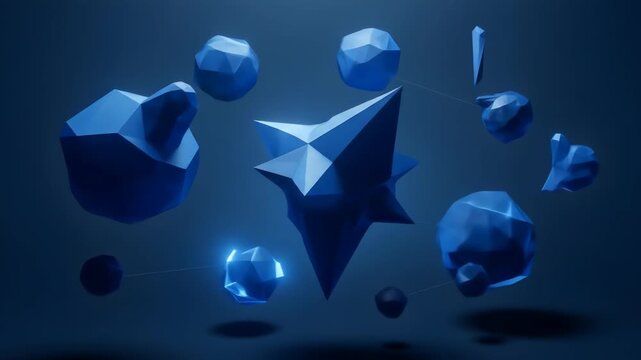 Abstract geometric shapes suspended in a dark blue void