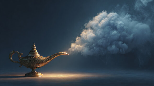 Magic lamp releasing mystical smoke in darkness
