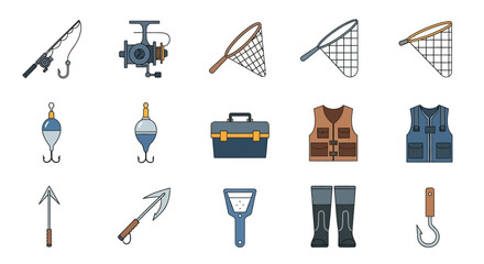 A colorful set of fishing equipment and gear icons in a flat outline style, including a rod, reel, net, vest, and tackle box.