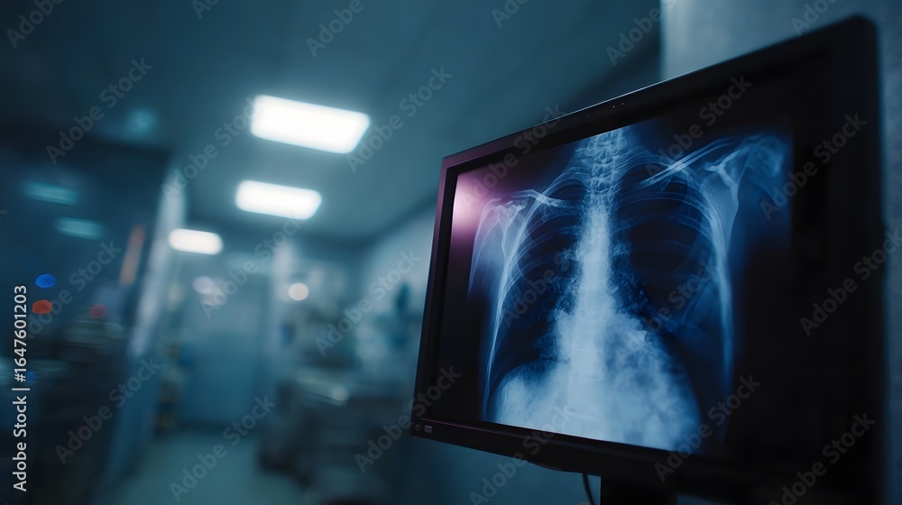 Poster bone density scan displayed on a medical monitor in a hospital setting