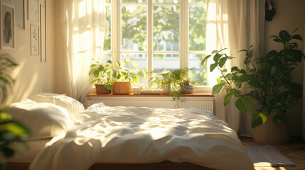 a cozy minimalist bedroom with morning sunlight shining through the window
