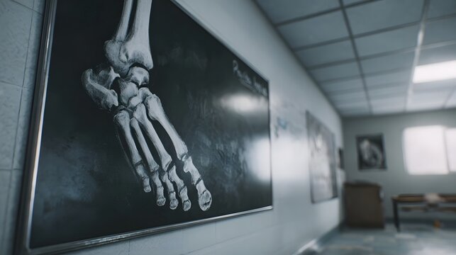 Foot bone diagram displayed on a whiteboard in a classroom setting
