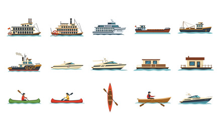 A diverse collection of flat vector watercraft illustrations, including ships, boats, and canoes.