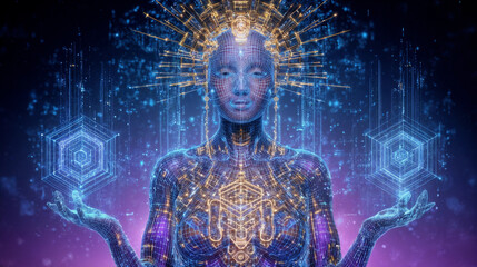 Artificial intelligence forms a digital deity, showcasing intricate patterns and glowing elements in a vibrant cosmic background