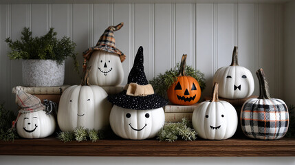 A collection of white pumpkins adorned with cheerful faces and whimsical witch hats sits on a wooden shelf. Modern farmhouse country living Halloween decor.
