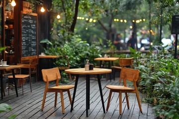 Obraz premium Outdoor cafe with wooden tables and chairs, lush greenery, and string lights