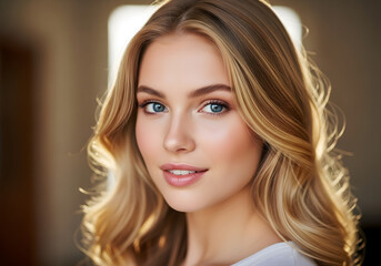 Naklejka premium Beautiful young woman with glamorous makeup, a bold red lip, and a stylish hairstyle poses for a close-up studio portrait