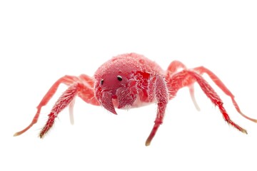 A vibrant red spider featuring fine hairs on a clean white background.