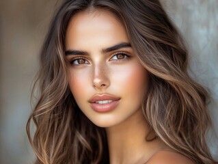 Naklejka premium A close-up portrait of a young woman with long, wavy hair and a radiant smile.
