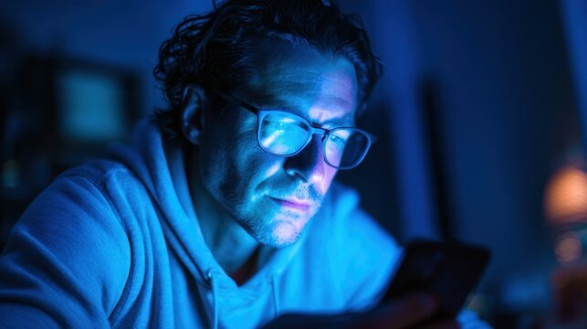 Midshot of a strained activist scrolling through social media updates on climate events bathed in blue light reflecting 2 a.m. climate panic and vigilance.