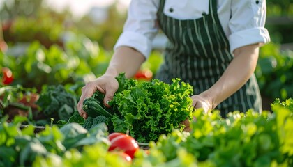 Fototapeta premium Realistic medium-shot from waist up of an anonymous chef harvesting fresh vegetables on a farm, wearing a chef’s uniform and apron, natural skin tones, focused on the task, vibrant colors, bright dayl