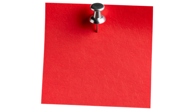 Red Sticky Note with red Pushpin Isolated on Transparent Background. Red sticky post it note with red pushpin isolated on white or transparent background. PNG