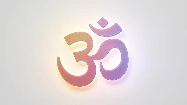 A glowing om symbol with a gradient of pink to purple on a white background image