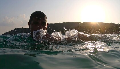 Man swimming in the ocean at sunset