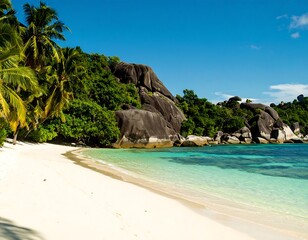Tropical beach scene with turquoise water and granite boulders