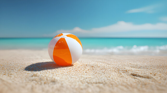 Striped beach ball on the sandy beach summer vacation holiday scene