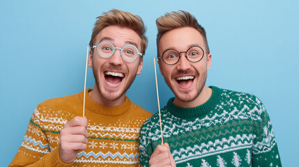 Cheerful gay couple celebrating the Christmas holiday season in festive sweaters while posing against a light blue background