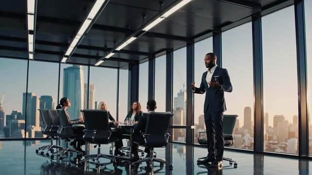 A Dynamic Business Presentation: Engaging Leadership in a Modern Executive Meeting Space Overlooking a City Skyline at Sunset