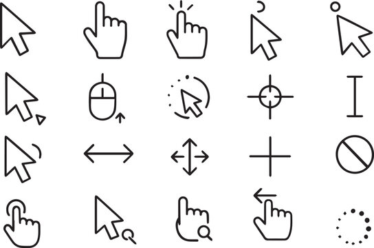 Mouse Cursor Click Editable Stroke Outline Icon Set Pixel Perfect Vector Icons for UI, UX, Computer, Web and App Design
