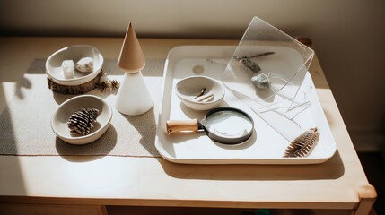 Montessori Learning Activity Setup with Natural Materials and Magnifying Glass