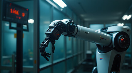 Close-up of an advanced robotic arm in a modern laboratory, showcasing precision engineering, artificial intelligence, and cutting-edge automation technology in action.