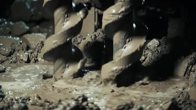 Close Up of Rotating Drill Bits in Muddy Water