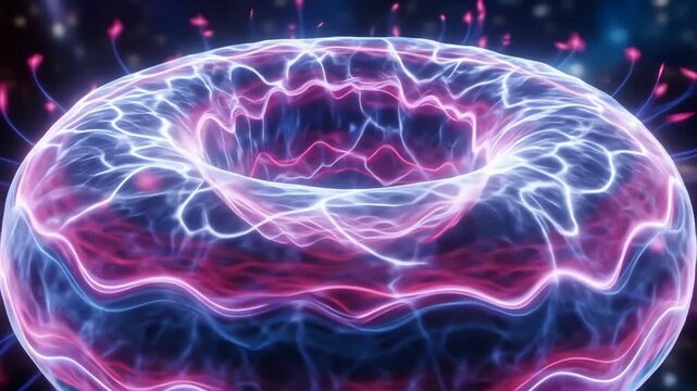 Abstract toroidal plasma with glowing electrical currents and tendrils