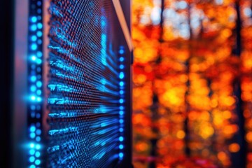 Close-up of a vibrant blue LED screen against a blurred autumnal background.