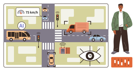 Urban street intersection with AI monitoring traffic. Vehicles, traffic lights, sensors, pedestrian, data visualization. Ideal for smart city, technology, mobility innovation safety automation