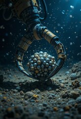 seabed mining robot claw gripping metallic nodules under intense spotlight Generative AI