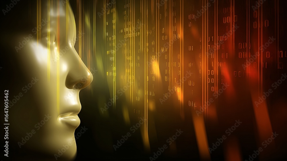 Aufkleber futuristic digital illustration of a humanoid figure's profile, surrounded by vibrant binary code st