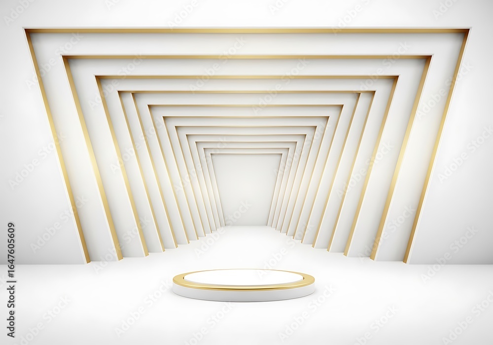 Poster empty geometric tunnel with gold frame and display podium