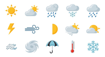 Collection of Flat-Style Weather Icons: Sun, Clouds, Rain, Snow, Wind, Lightning, Hurricane, Thermometer, Umbrella