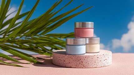 Stack of Pastel Cosmetic Jars with Silver Lids on Pink Stand Framed by Green Palm Leaf Against Bright Blue Sky Tropical Skincare Product Concept.