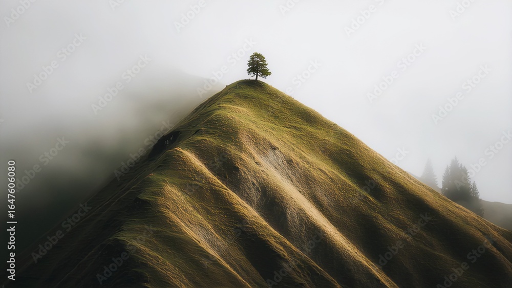 Poster lone tree stands atop a gently sloping hill, surrounded by misty clouds and soft light, creating a s