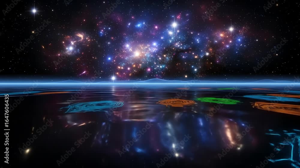 Poster cosmic panorama over a reflective surface with glowing patterns