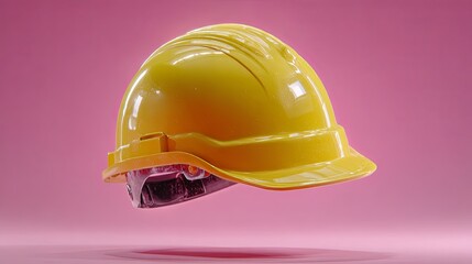 Fototapeta premium Bright yellow safety helmet against a pink background.