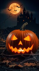 A glowing jack-o'-lantern with a scary face sits before a haunted castle under a full moon with bats. Dead leaves are scattered around.A Halloween-themed picture.