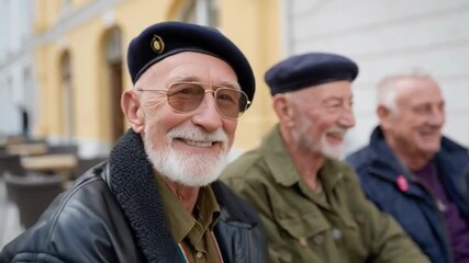 Elderly men with smiles, exuding camaraderie and warmth, enjoying a casual gathering outdoors, golden years camaraderie, veterans reminisce
