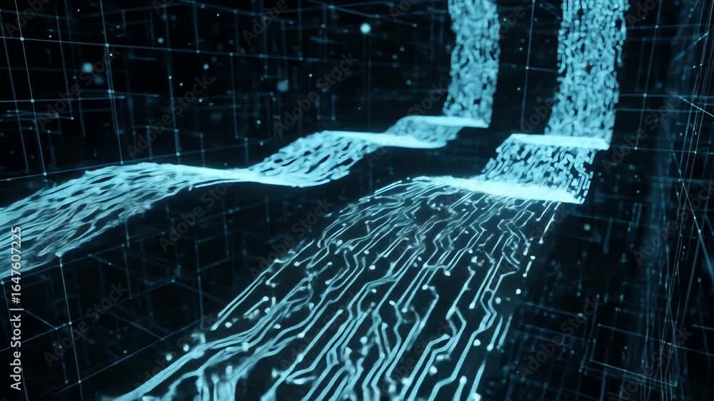 Poster flowing blue digital streams within a wireframe grid