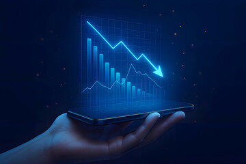 Hand holding smartphone displaying downward trending blue financial graph